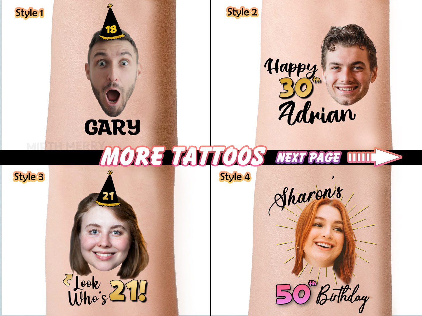 Custom Face Tattoos, Birthday Tattoos, Custom Temporary Tattoos, Party Favor, Tattoo Gift, Milestone Birthday, Christmas Halloween Tattoos