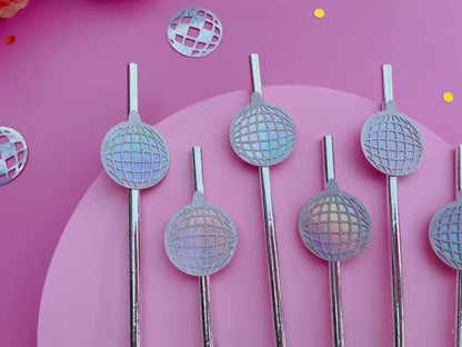 Disco Ball Iridescent Silver Paper Straw | Bachelorette Party Hen Party Decoration Supplies, 70's Disco Party Favor, Last Disco Bach Decor