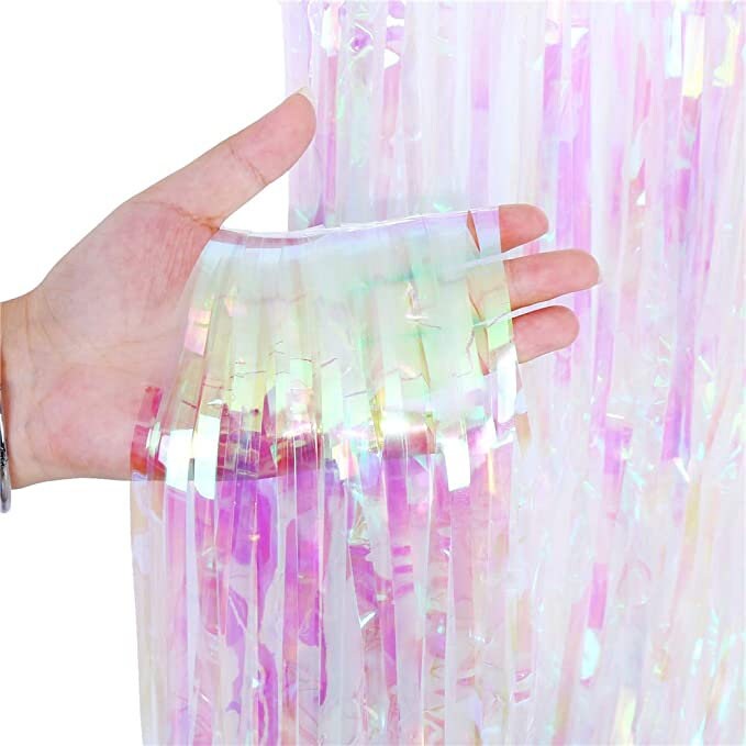 Iridescent Fringe Foil Curtain | Transparent Pink Backdrop, Bridal Shower Backdrop, Wedding, Hen Party, Birthday Photo Booth, Baby Shower