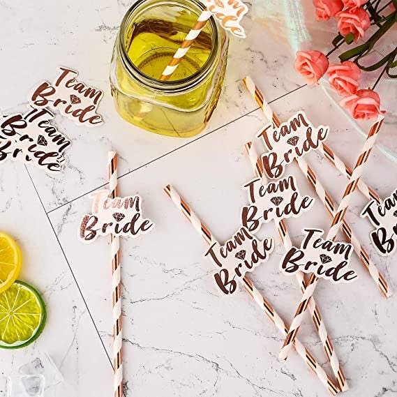 Rose Gold Team Bride Straws| Bachelorette Hen Party Decoration Supplies, Party Favor, Bridal Shower Wedding Drinking Game Bach