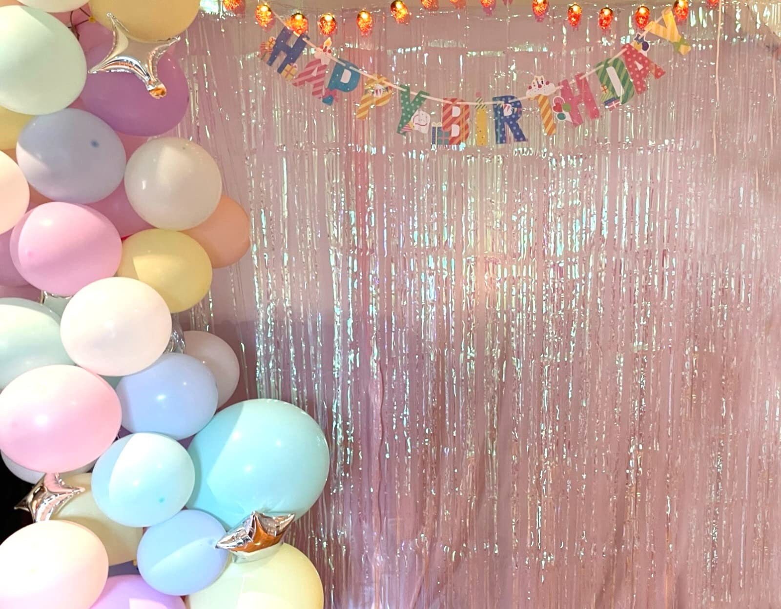 Iridescent Fringe Foil Curtain | Transparent Pink Backdrop, Bridal Shower Backdrop, Wedding, Hen Party, Birthday Photo Booth, Baby Shower