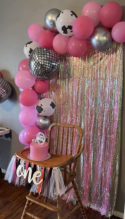 Iridescent Fringe Foil Curtain | Transparent Pink Backdrop, Bridal Shower Backdrop, Wedding, Hen Party, Birthday Photo Booth, Baby Shower