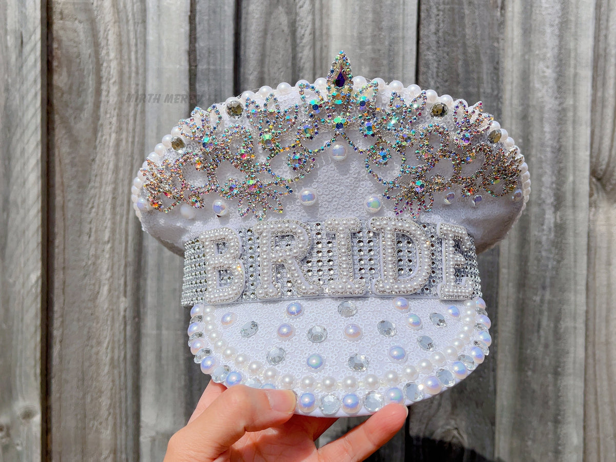 Gold & Pearl Bride Rhinestone Studded Captain Hat Sequin Bride Captain Hat: Rhinestone Pearl Bachelorette  main image 3