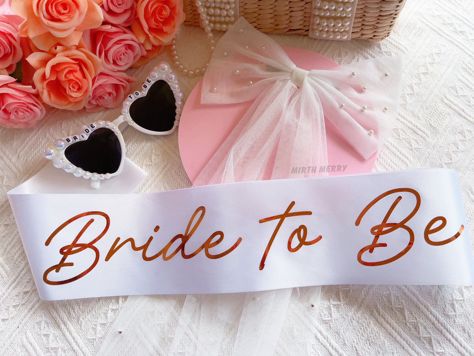 Bride to Be Sash + Veil | Hen Party Sash | Sash for Bride - Rose Gold Mirth Merry Bride to Be Sash + Veil | Hen Party Sash | Sash for Bride - Rose Gold Mirth Merry