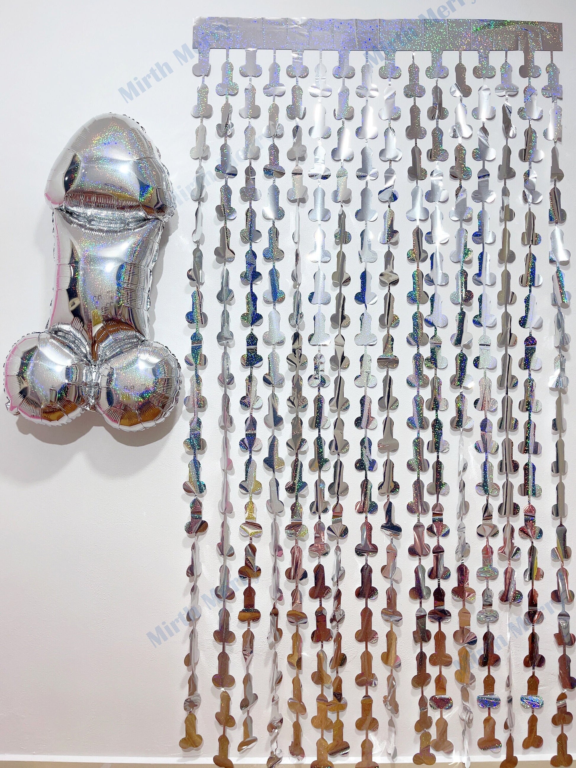 Iridescent Penis Holographic Foil Curtain | Hen Party Bridal Shower Backdrop, Birthday Backdrop, Photo Booth, Dick Favors, Naughty Bach