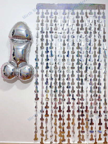 Iridescent Penis Holographic Foil Curtain | Hen Party Bridal Shower Backdrop, Birthday Backdrop, Photo Booth, Dick Favors, Naughty Bach